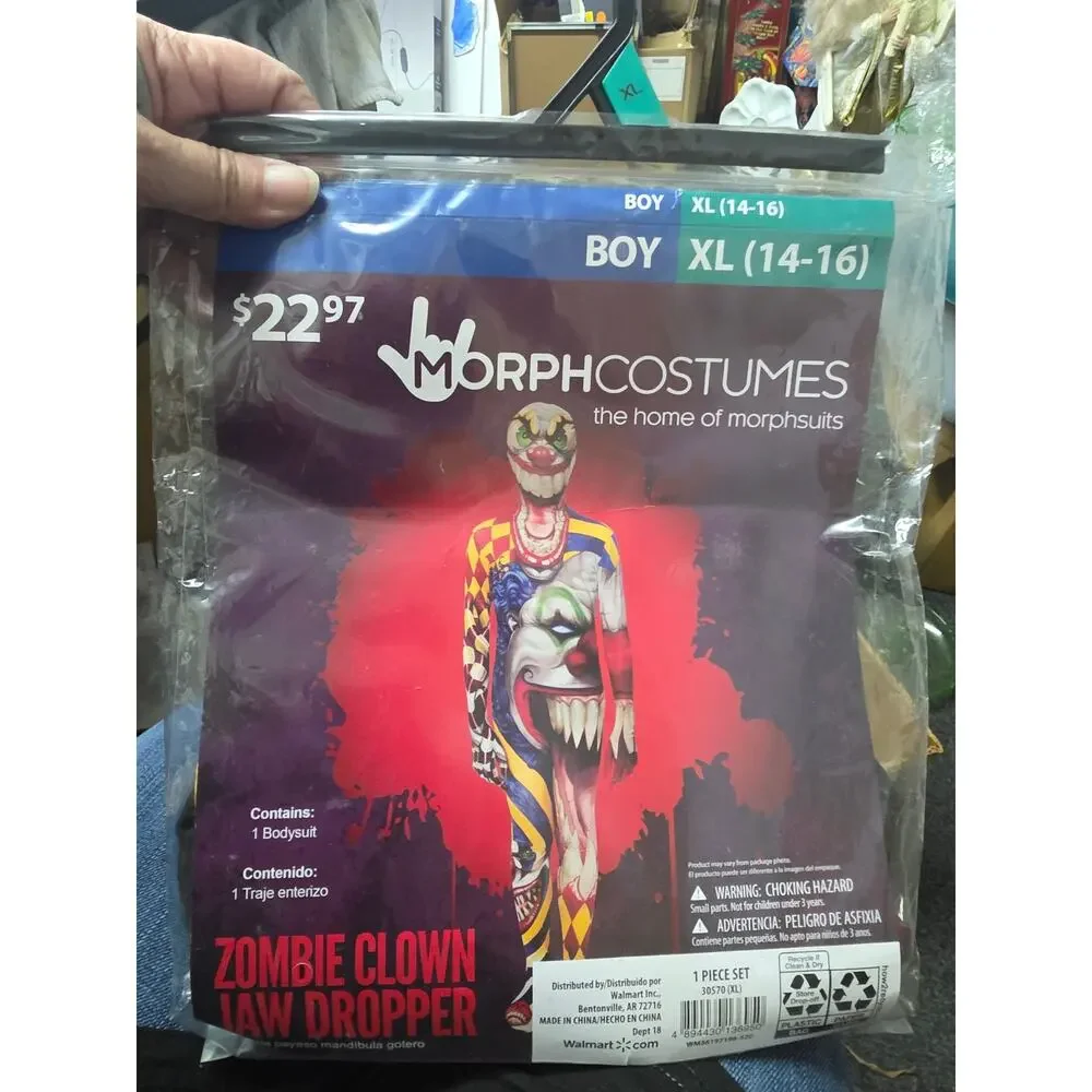 New Zombie Clown Jaw Dropper Boys Morph Halloween Costume Size XL 14-16
